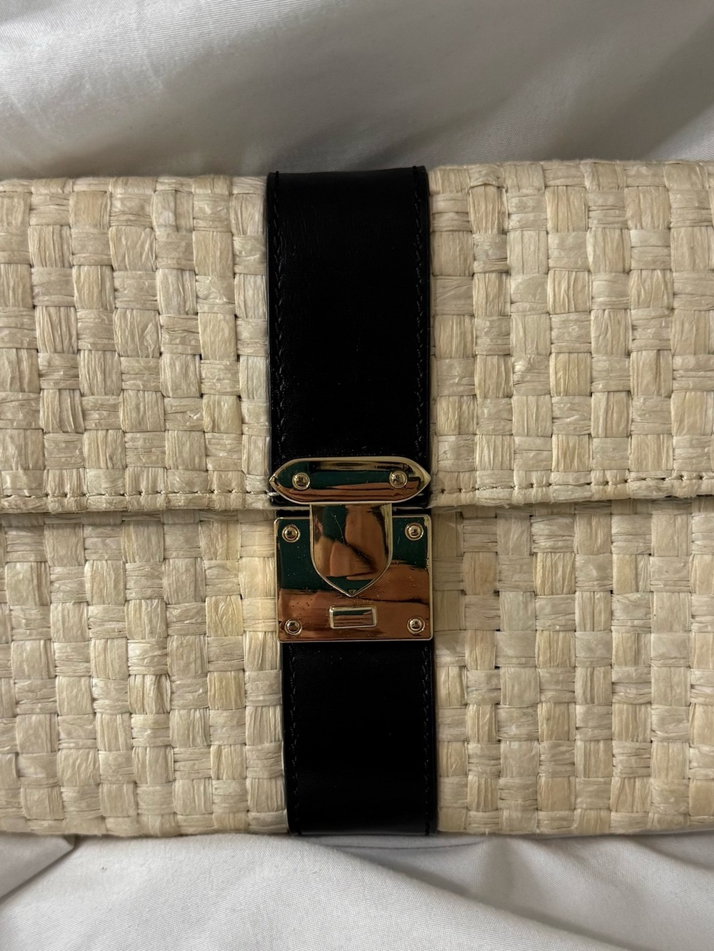 White House Black Market Cream Woven Mini Bag with Black Strap and Gold Lock